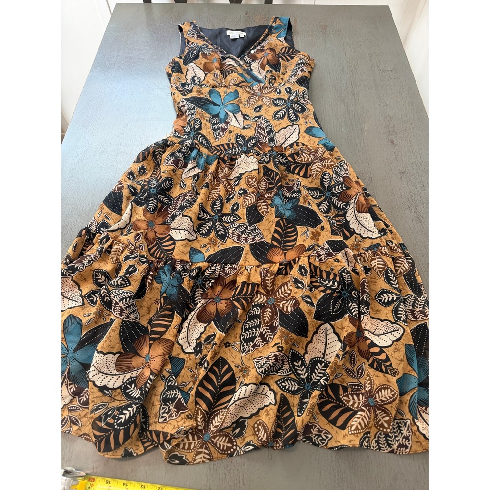 Calvin Klein Floral Batik Sleeveless Tiered Midi Dress Mustard Brown Blue V-Neck
